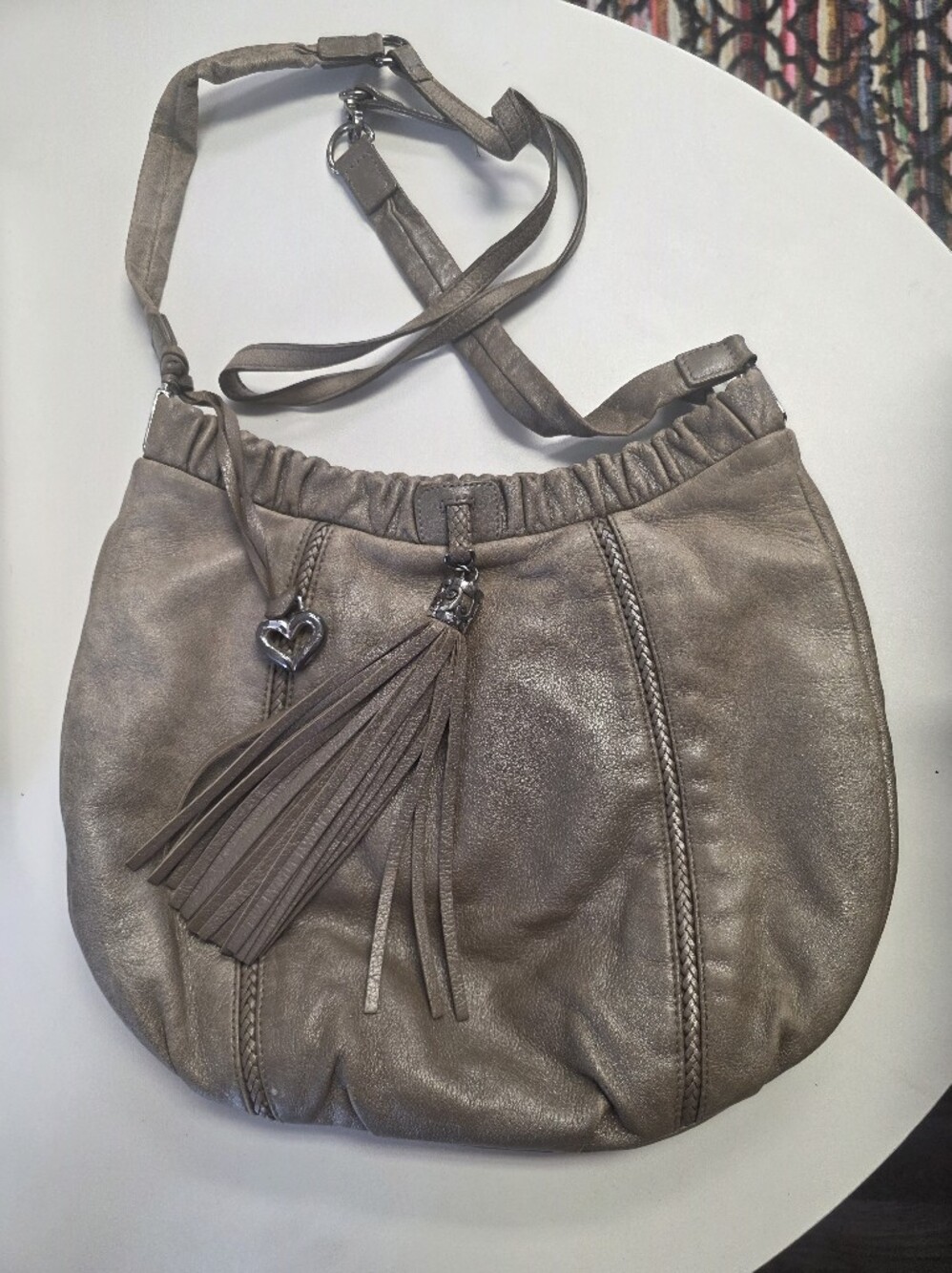 Brighton Metallic Taupe Leather Tassel Shoulder Bag